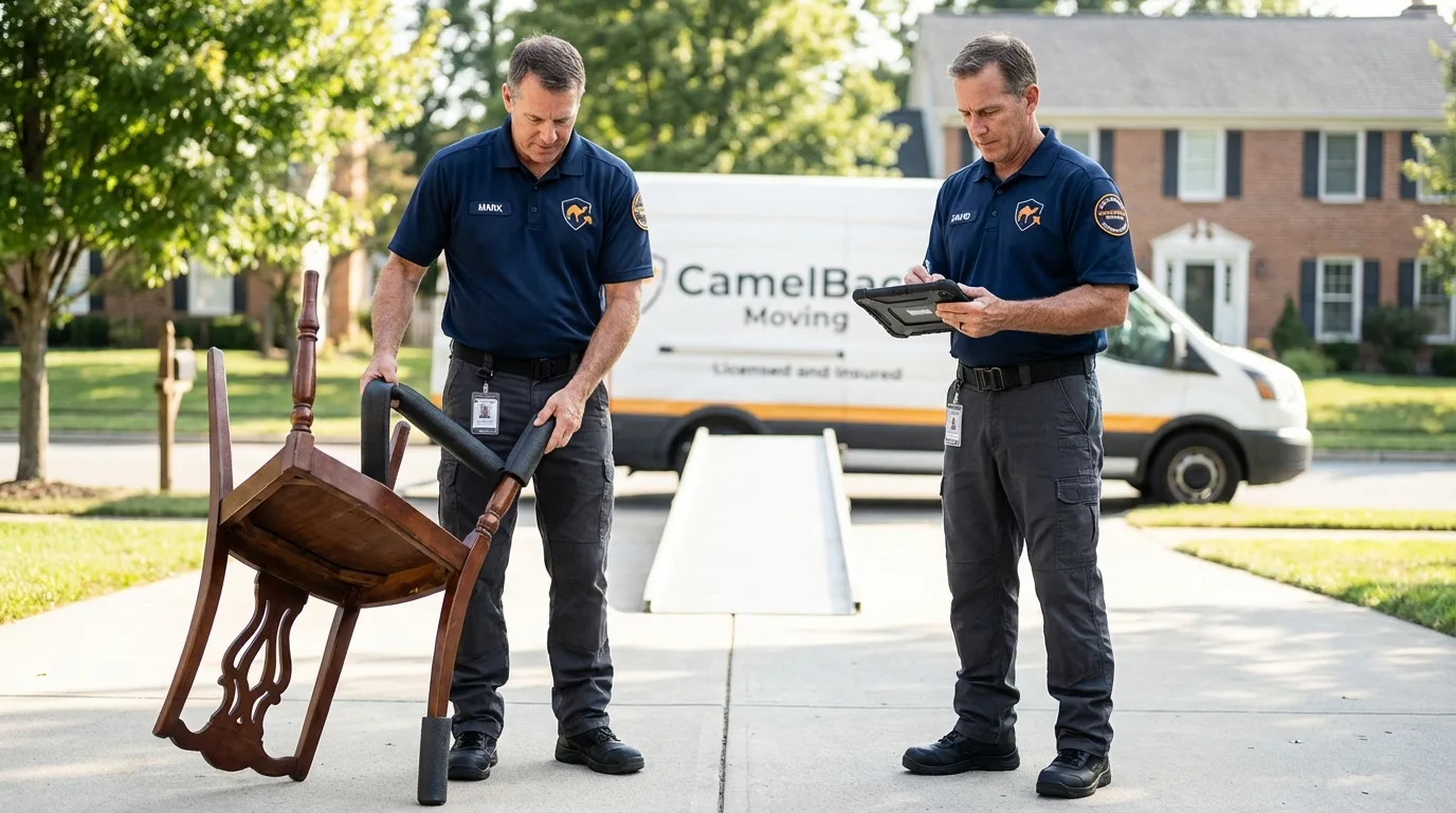 Movers inspecting furniture for damage prevention before loading in Dalzell, SC
