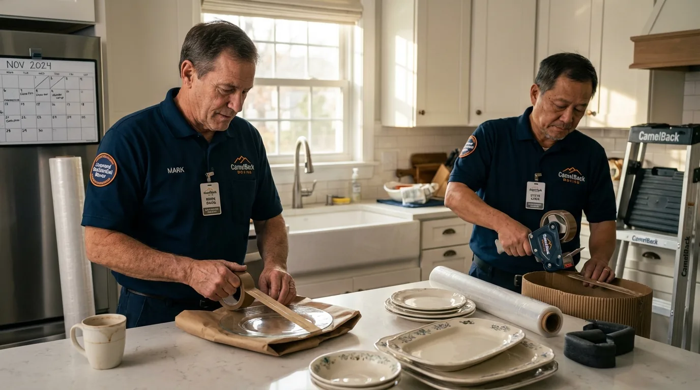 Professional crew packing kitchen dishware in Dalzell, SC